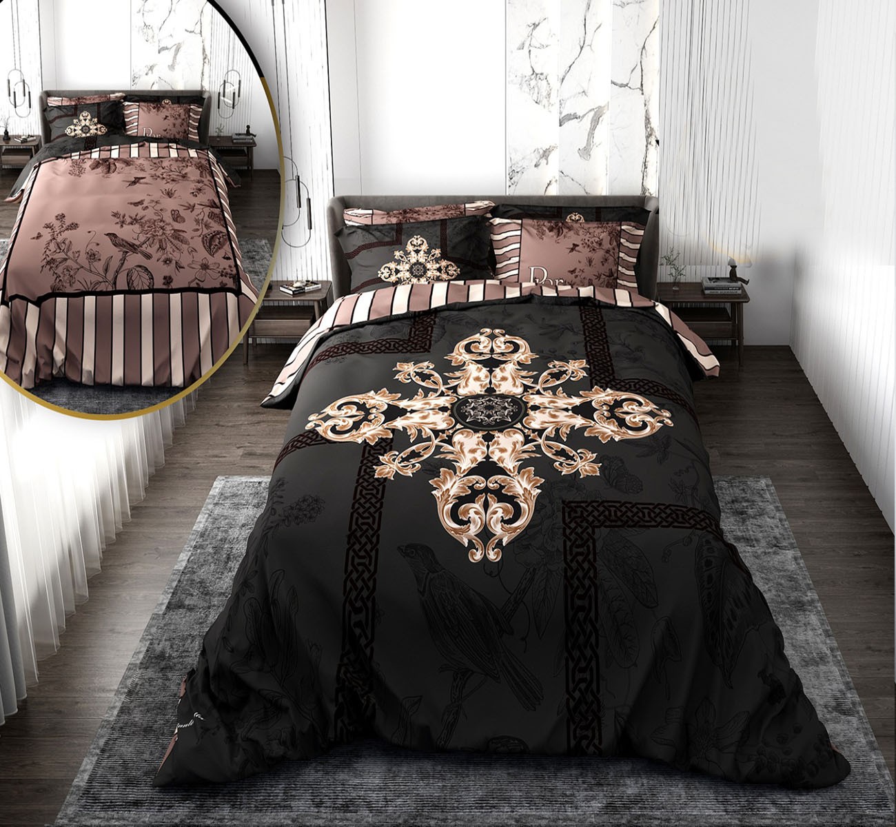 سرویس لحاف روتختی دو نفره قهوه ای دورو طرح پرنده مدل ملکوت