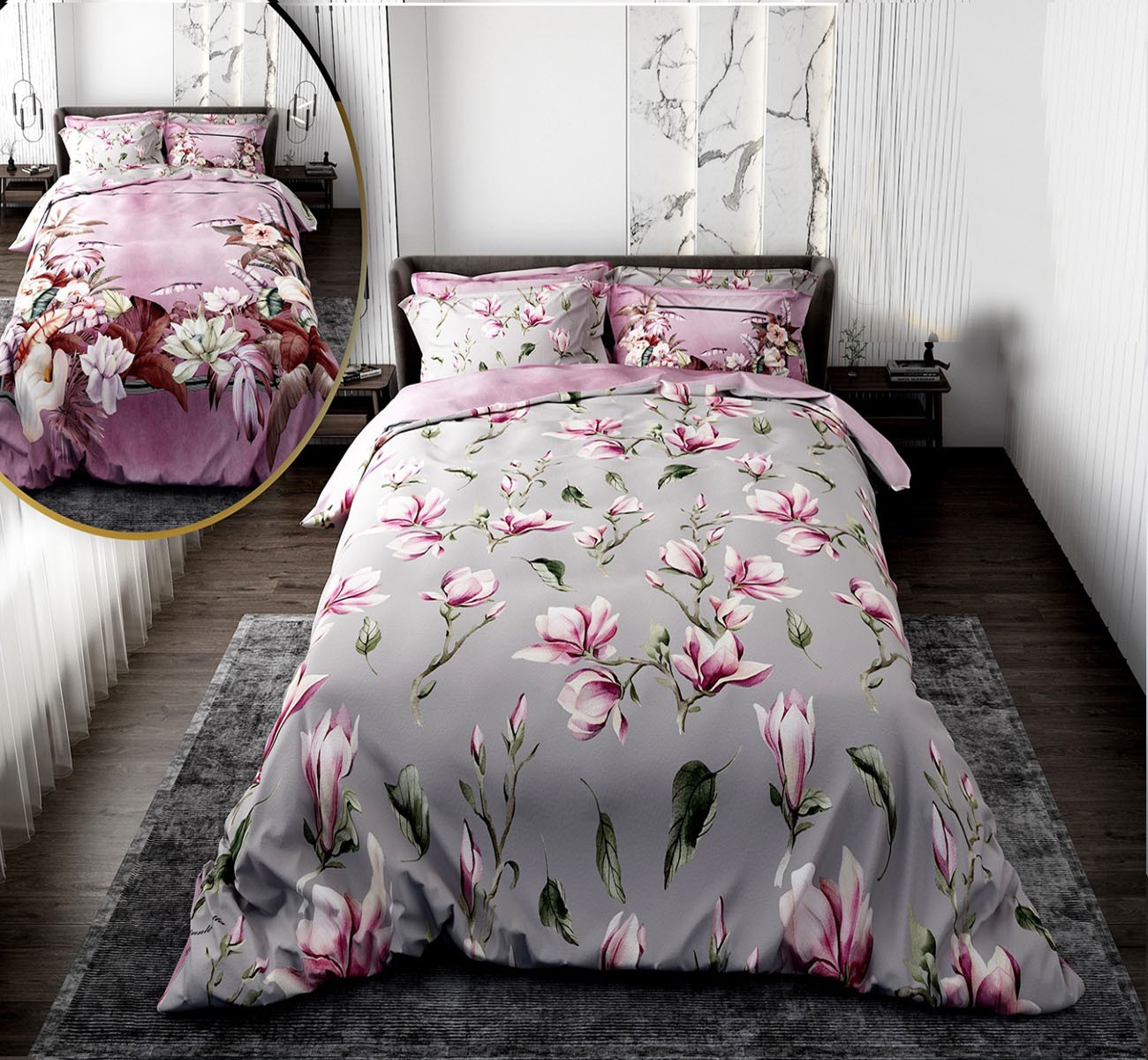 سرویس لحاف روتختی دو نفره  طوسی یاسی دور طرحدار مدل نیلوفر