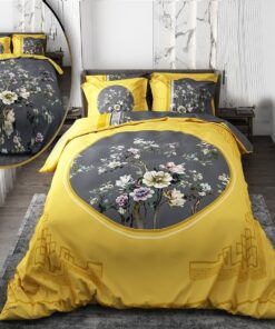 سرویس لحاف روتختی دو نفره طوسی زرد دورو طرح گل مدل استلا
