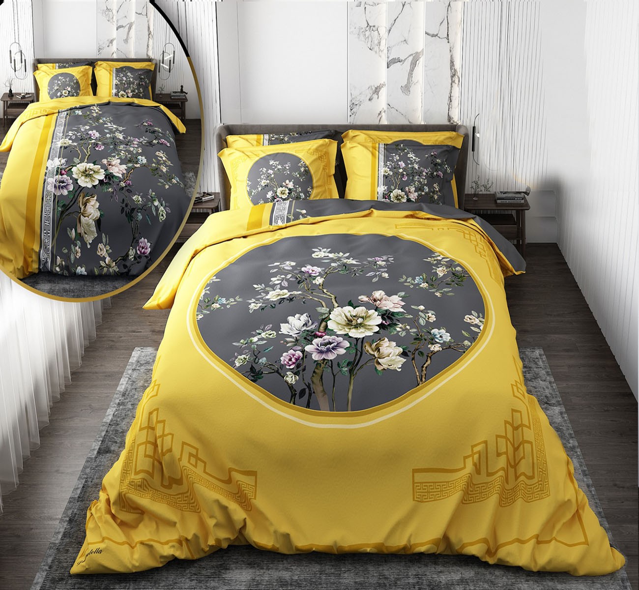 سرویس لحاف روتختی دو نفره طوسی زرد دورو طرح گل مدل استلا