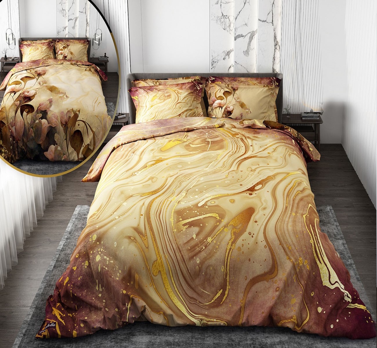 سرویس لحاف روتختی دو نفره طلایی دورو طرح گل مدل آنابلا