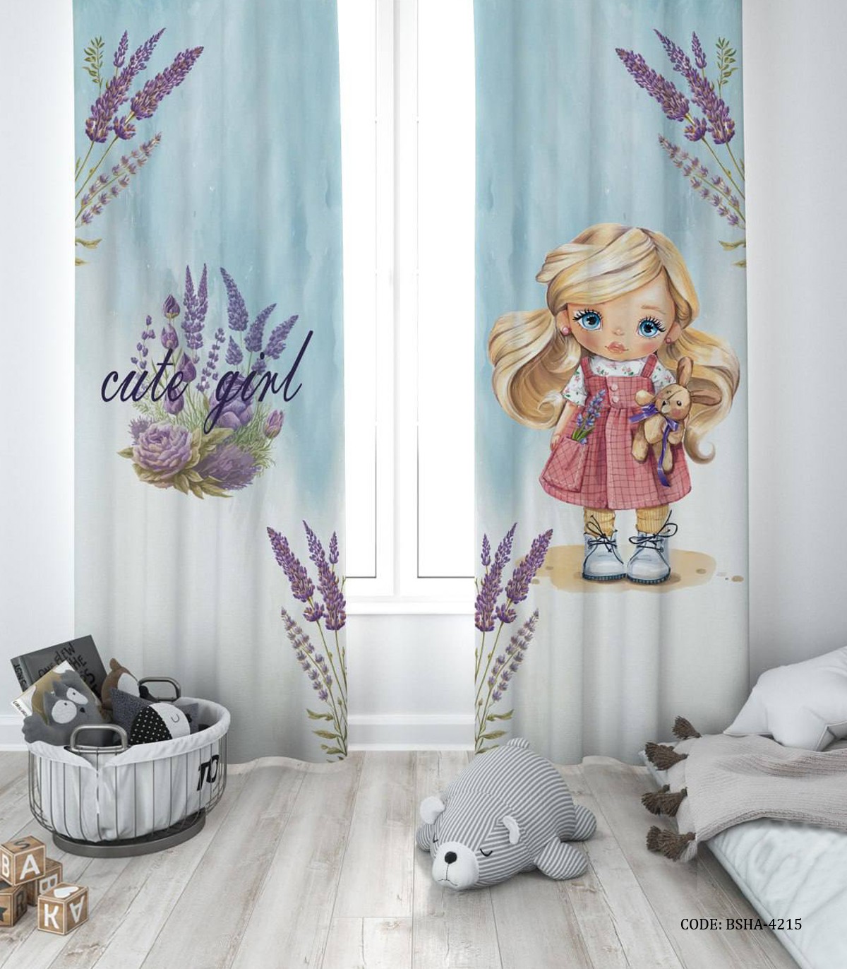 پرده پانچی دو تکه اتاق دخترانه طرح دختر مدل Cute Girl
