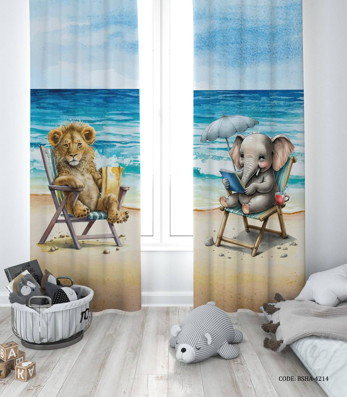پرده پانچی دو تکه اتاق پسرانه طرح فیل و شیر مدل Holiday