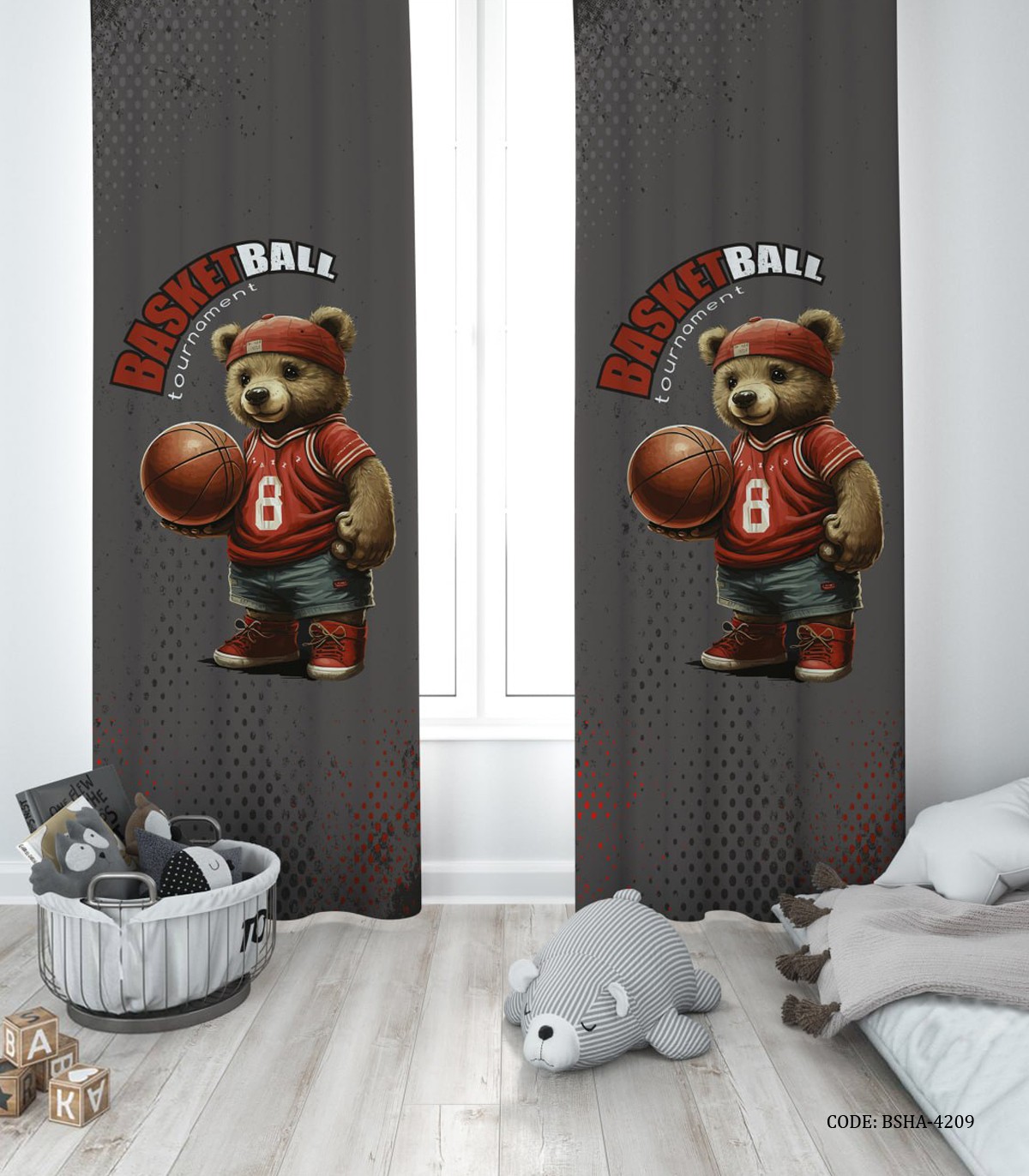 پرده پانچی دو تکه اتاق پسرانه طرح خرس تدی بسکتبالیست مدل Basketball