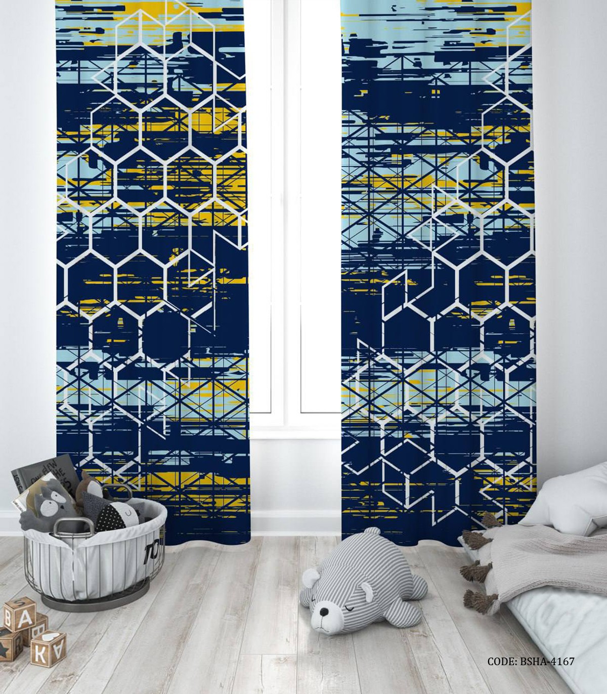پرده پانچی دو تکه اتاق پسرانه طرح لانه زنبوری مدل کندو