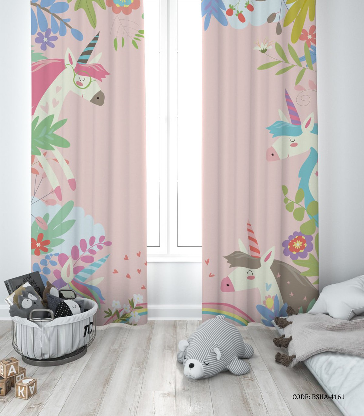 پرده پانچی دو تکه اتاق دخترانه طرح یونیکورن مدل I am a Unicorn