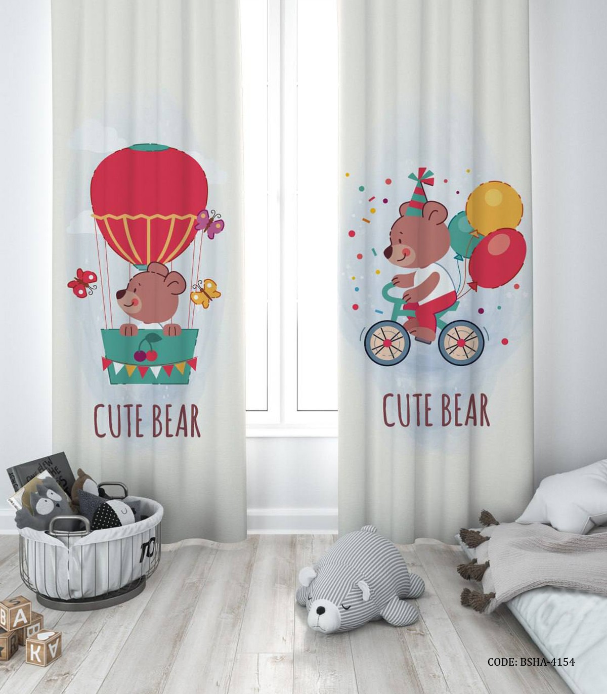 پرده پانچی دو تکه اتاق پسرانه طرح خرس مدل Cute Bear