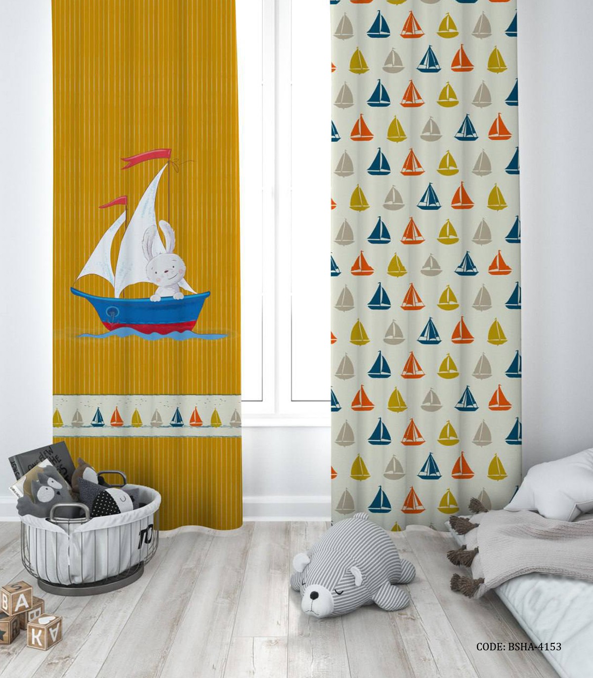 پرده پانچی دو تکه اتاق پسرانه طرح فیل و خرگوش مدل Boat