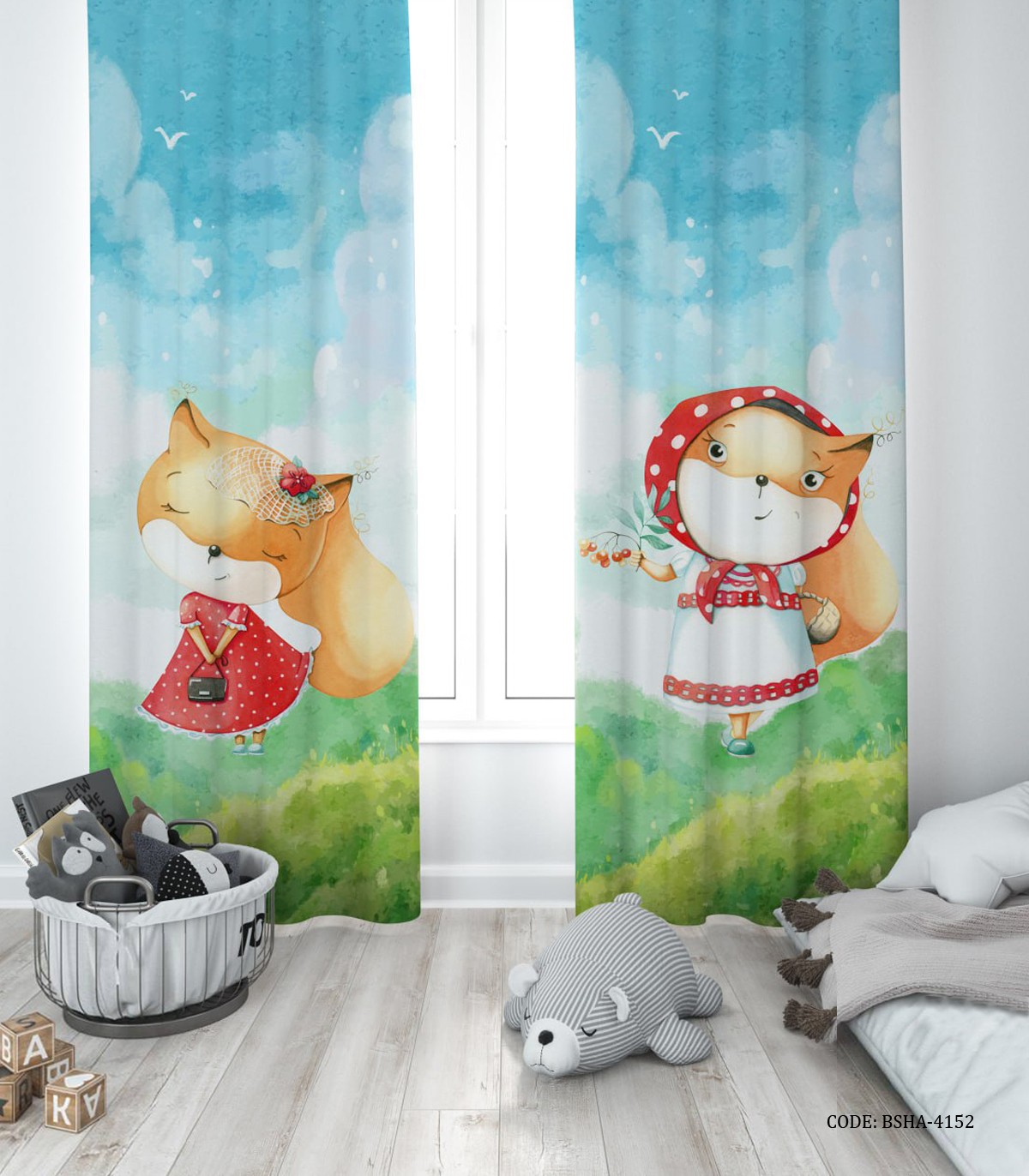 پرده پانچی دو تکه اتاق دخترانه طرح روباه مدل Wild and Free