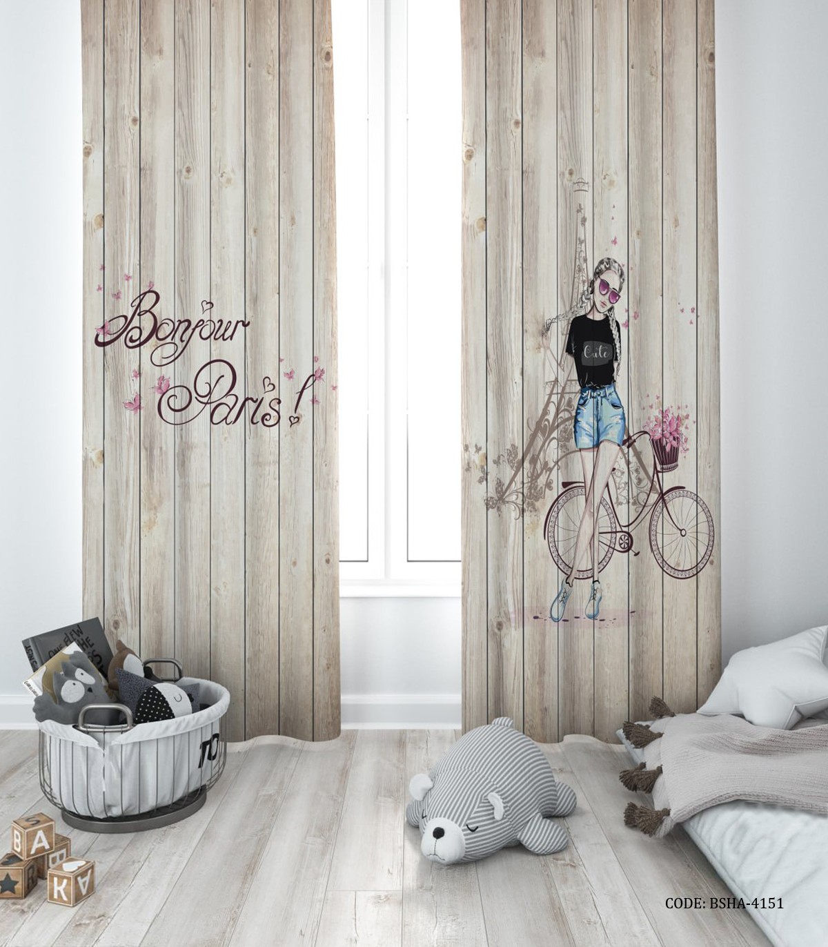 پرده پانچی دو تکه اتاق دخترانه طرح دختر مدل Bonjour Paris