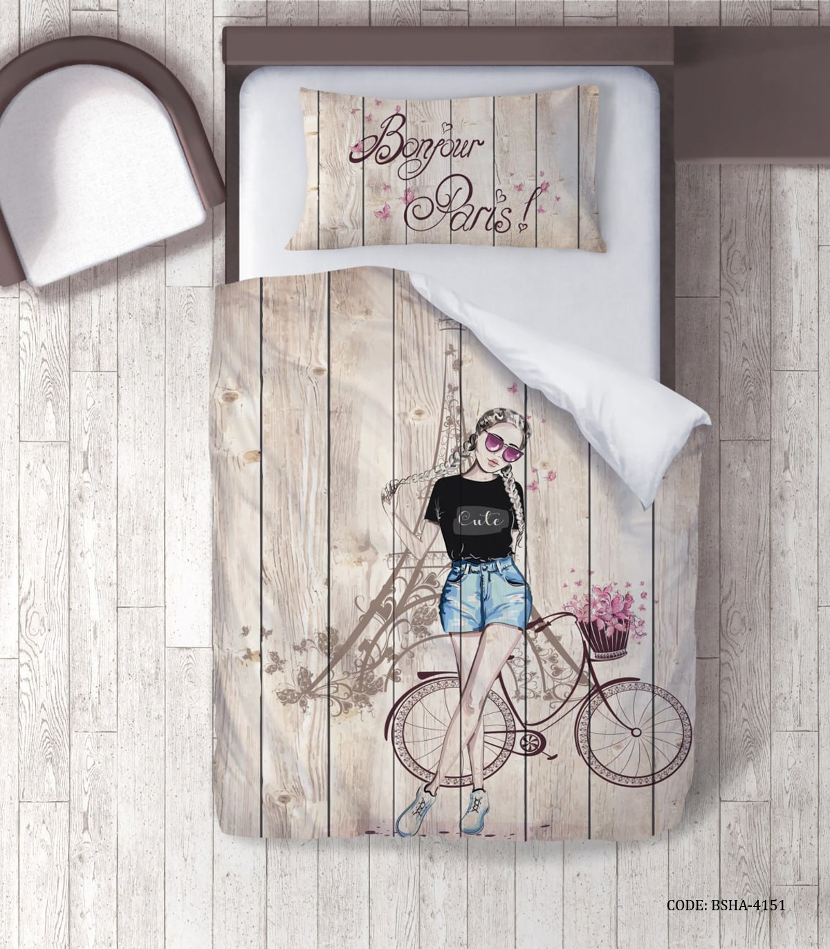 روتختی دخترانه 4 تکه طرح دختر مدل Bonjour Paris