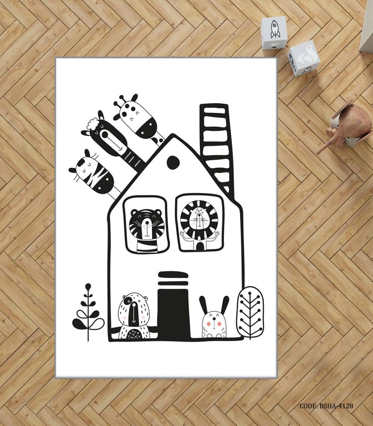 فرش سیاه و سفید اتاق پسرانه طرح حیوانات مدل Home in Jungle