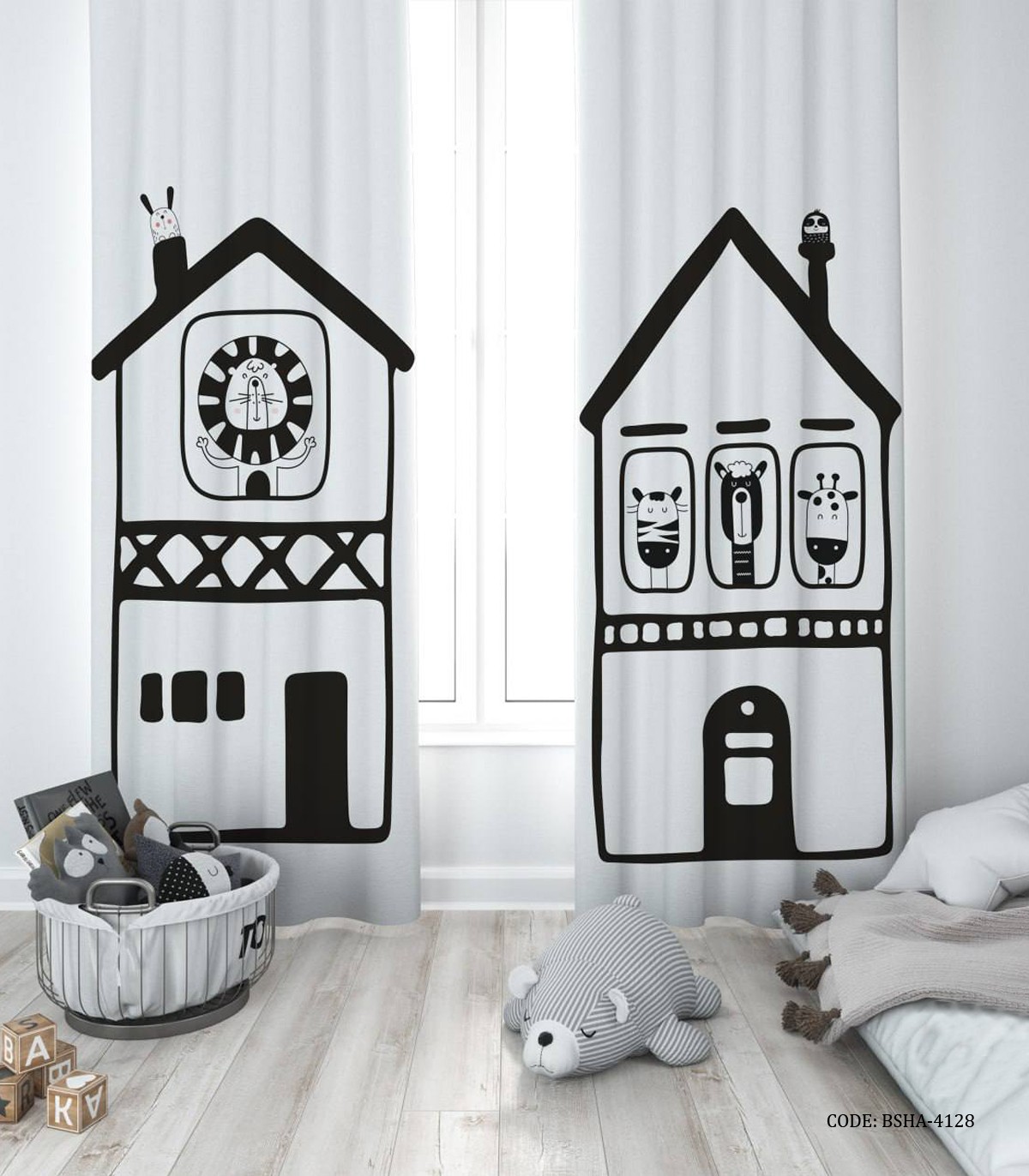 پرده پانچی دو تکه سیاه و سفید پسرانه طرح حیوانات مدل Home in Jungle