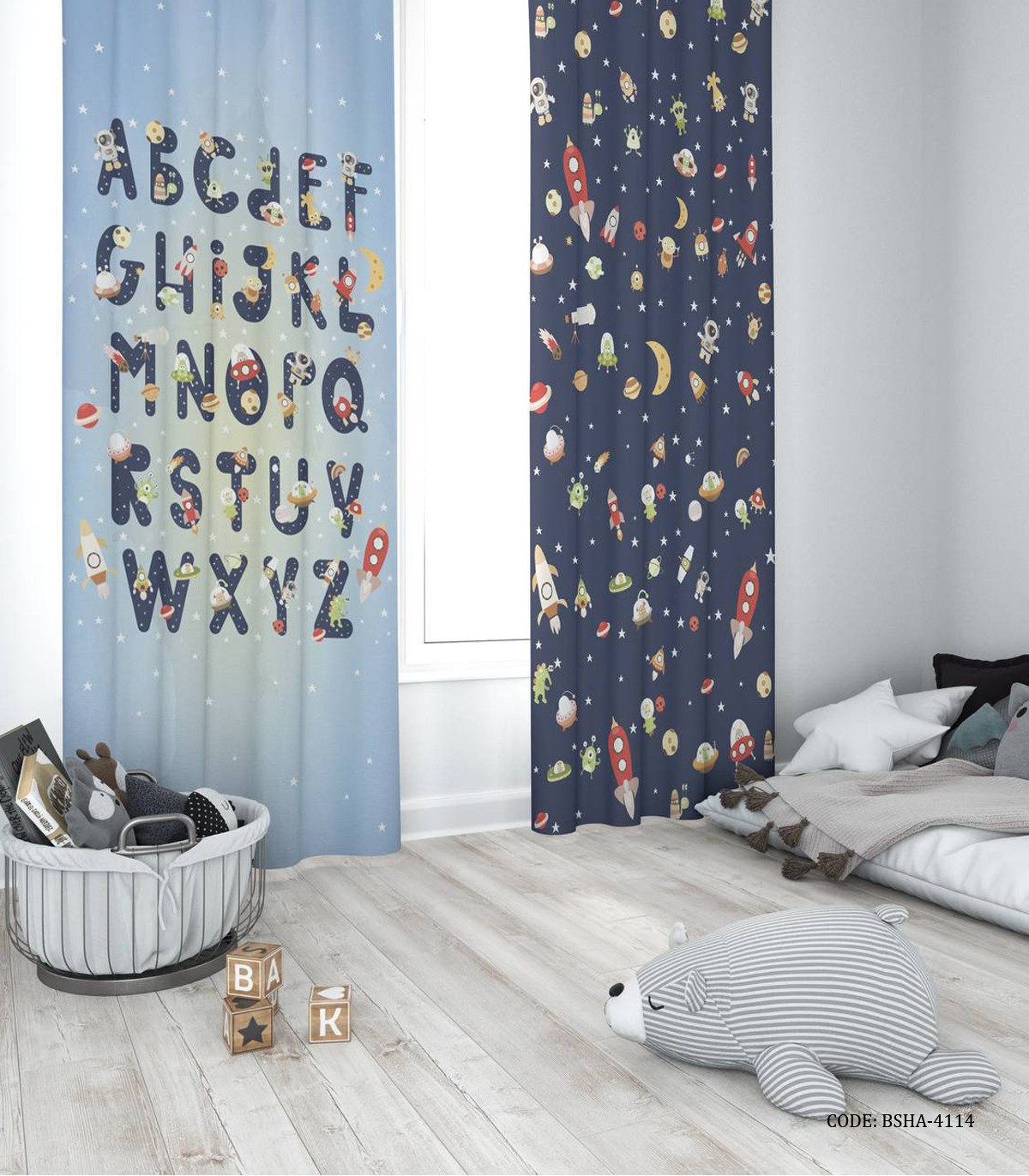 پرده پانچی دو تکه اتاق پسرانه طرح فضانوردی مدل Spzce