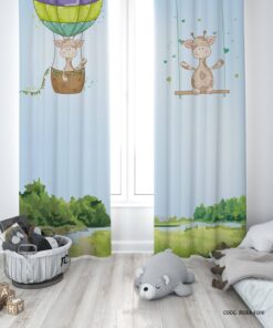 پرده پانچی دو تکه اتاق پسرانه طرح زرافه مدل Happy Giraffe