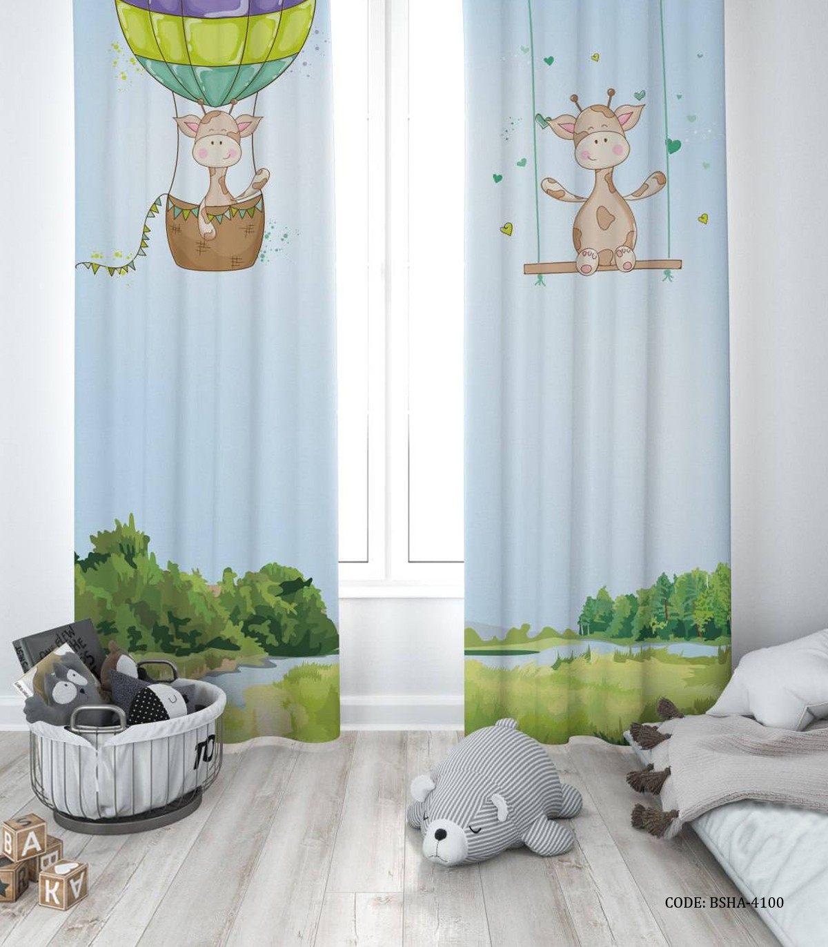پرده پانچی دو تکه اتاق پسرانه طرح زرافه مدل Happy Giraffe
