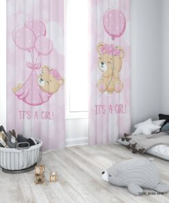 پرده پانچی صورتی دو تکه اتاق دخترانه طرح خرس مدل It's a Girl