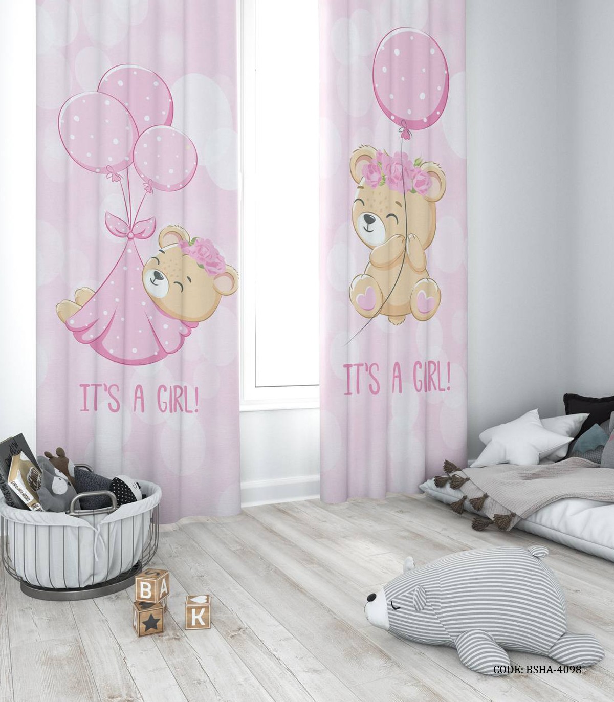 پرده پانچی صورتی دو تکه اتاق دخترانه طرح خرس مدل It's a Girl
