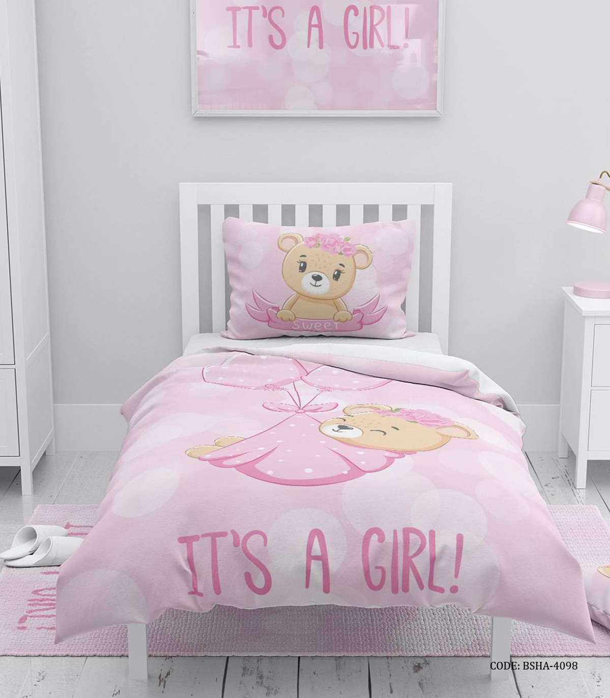 روتختی صورتی دخترانه 4 تکه طرح خرس مدل It's a Girl