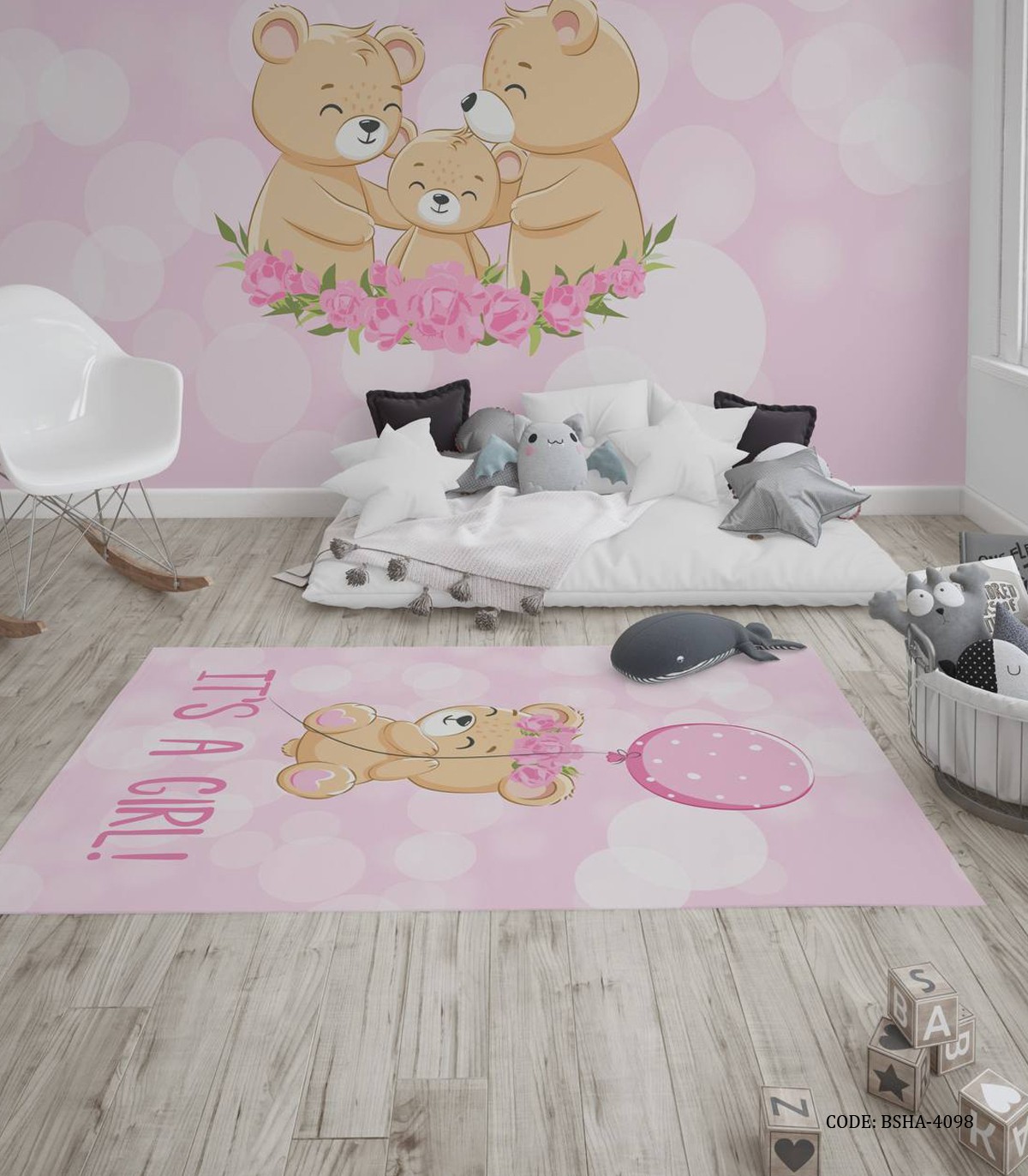 فرش صورتی اتاق دخترانه طرح خرس مدل It's a Girl