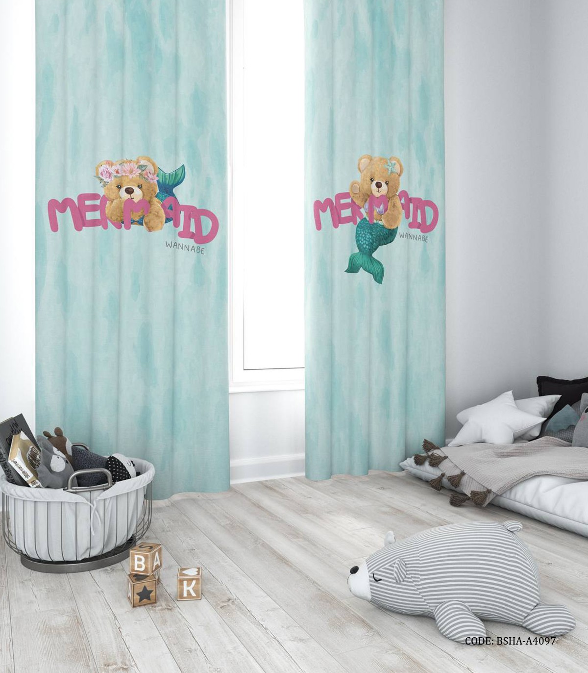 پرده پانچی دو تکه اتاق دخترانه طرح خرس پری دریایی مدل MERMAID