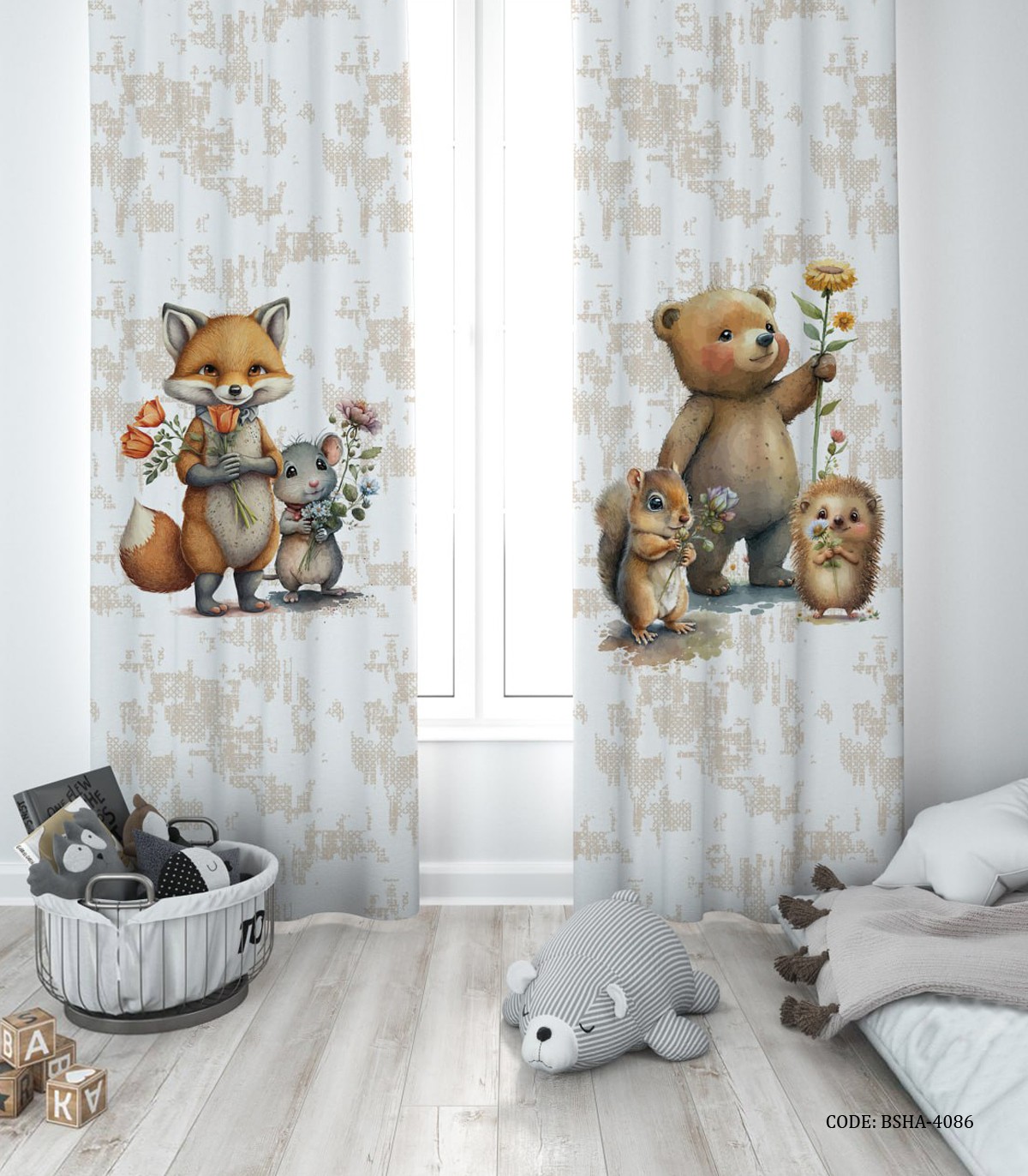 پرده پانچی دو تکه اتاق پسرانه طرح حیوانات چنگل مدل Sunflower