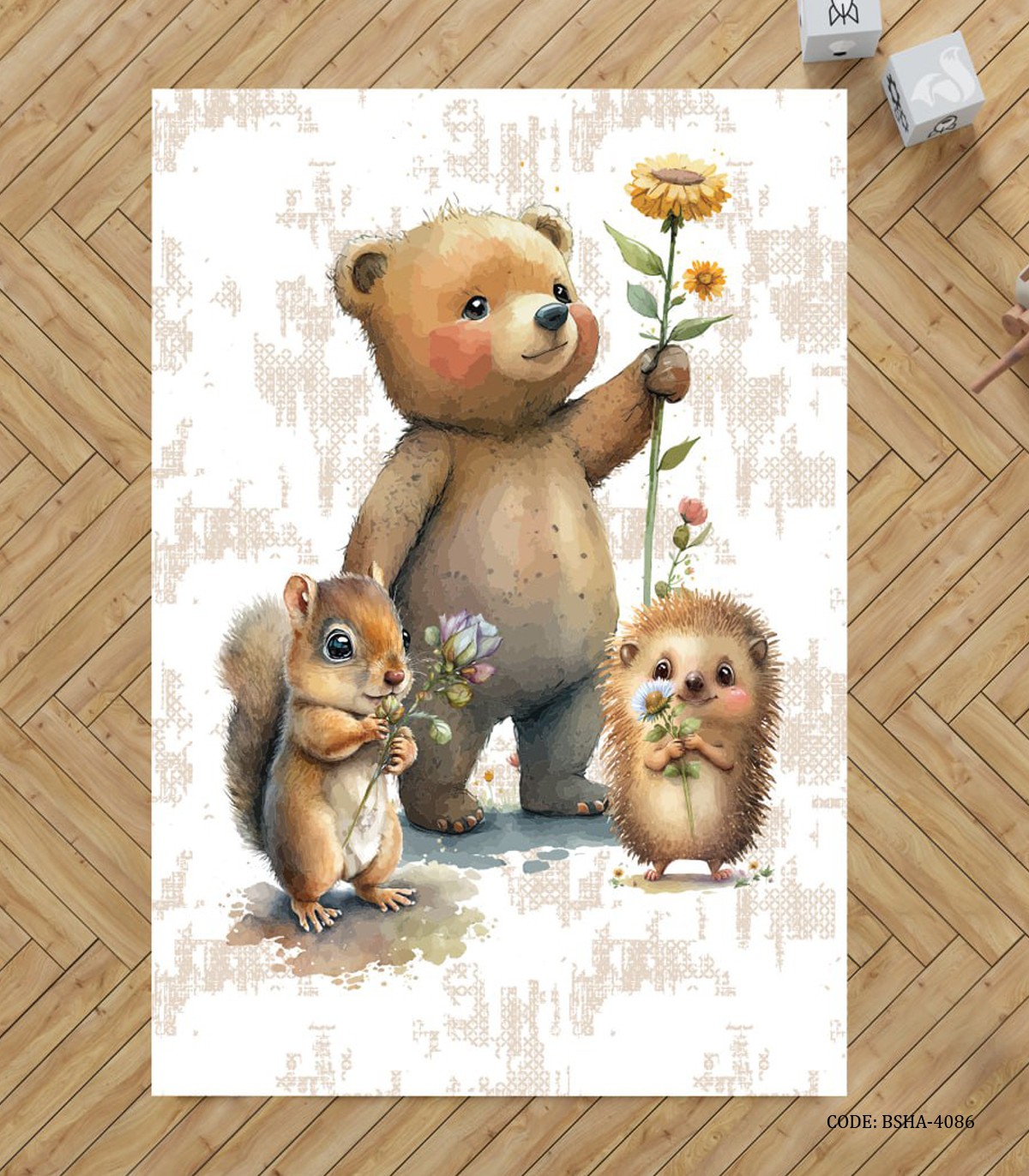 فرش اتاق پسرانه طرح خرس و سنجاب و جوجه تیغی مدل Sunflower