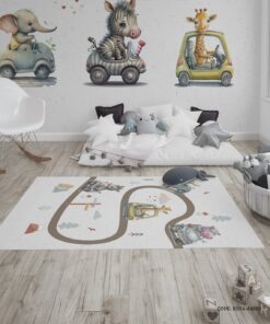 فرش اتاق پسرانه طرح حیوانات و ماشین مدل Jungle Road