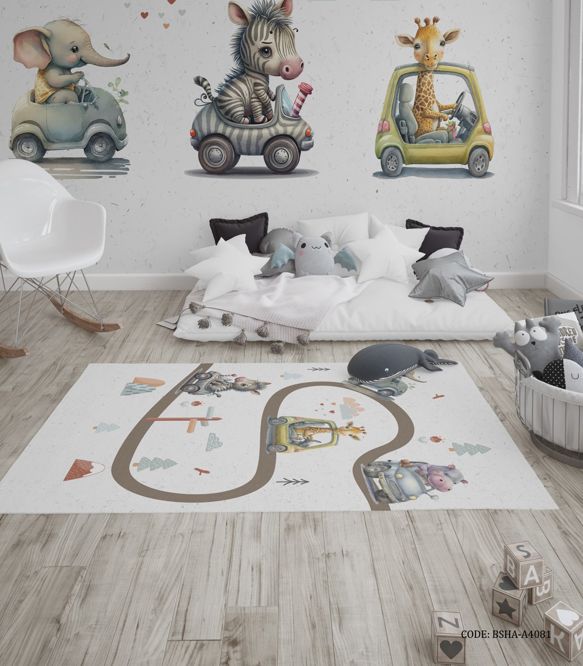فرش اتاق پسرانه طرح حیوانات و ماشین مدل Jungle Road