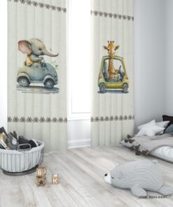 پرده پانچی دو تکه اتاق پسرانه طرح حیوانات و ماشین مدل Jungle Road