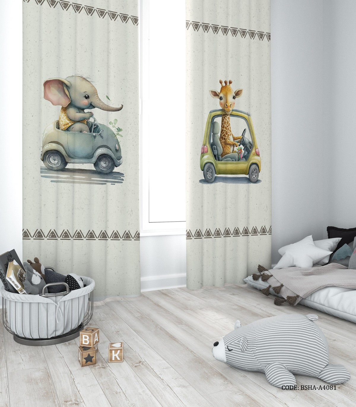 پرده پانچی دو تکه اتاق پسرانه طرح حیوانات و ماشین مدل Jungle Road