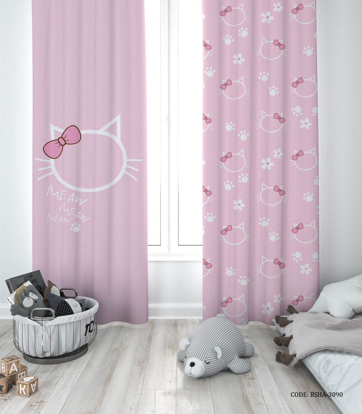 پرده پانچی دو تکه اتاق دخترانه طرح گربه مدل Meau