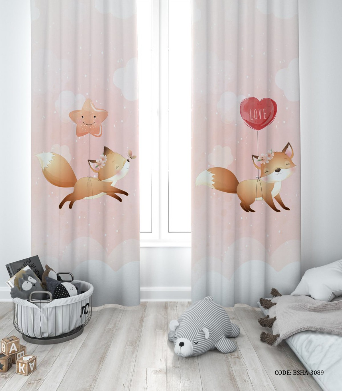 پرده پانچی دو تکه اتاق دخترانه طرح روباه مدل Little Foxy