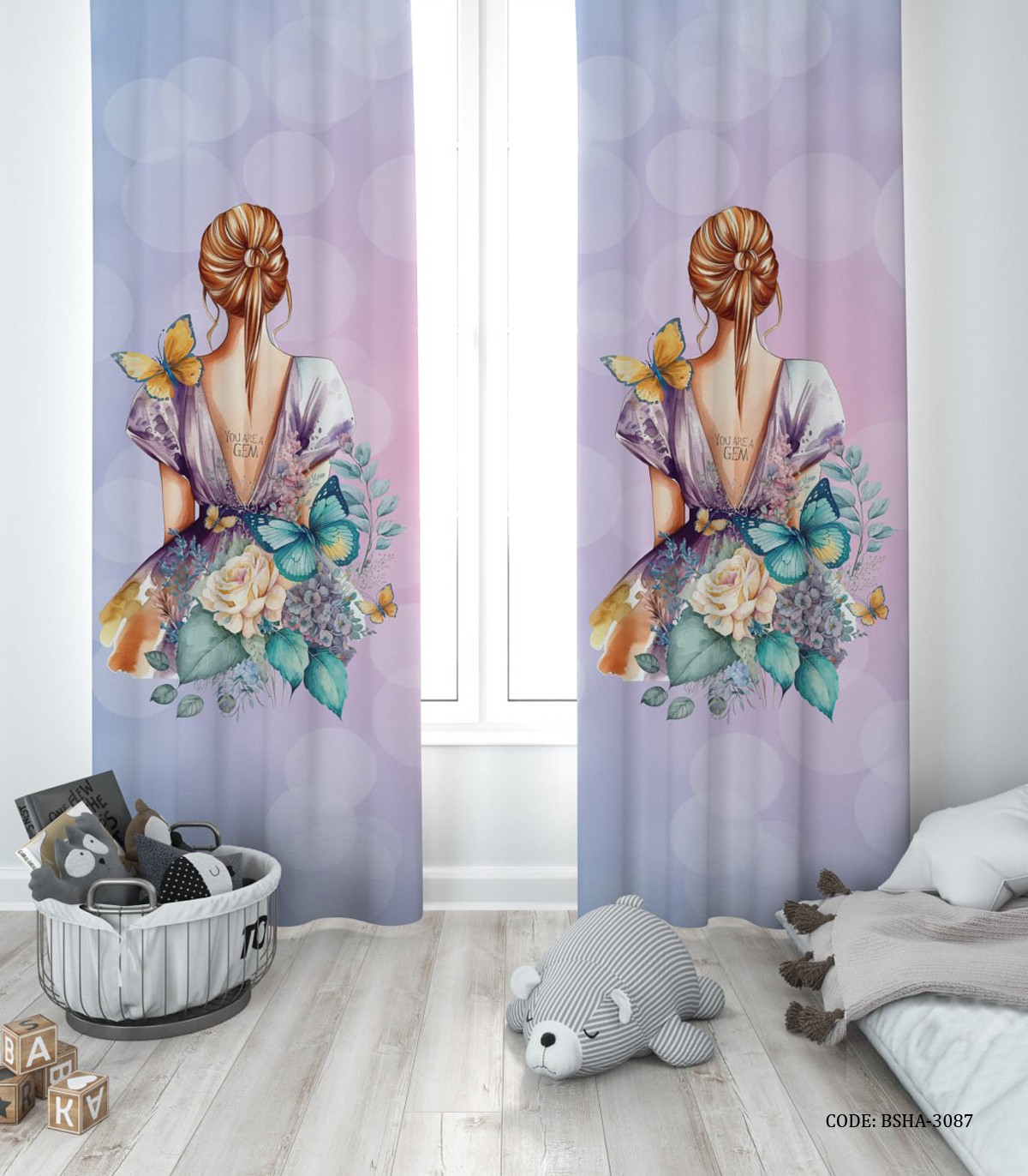 پرده پانچی یاسی بنفش دو تکه اتاق دخترانه طرح دختر مدل You Are a GEM