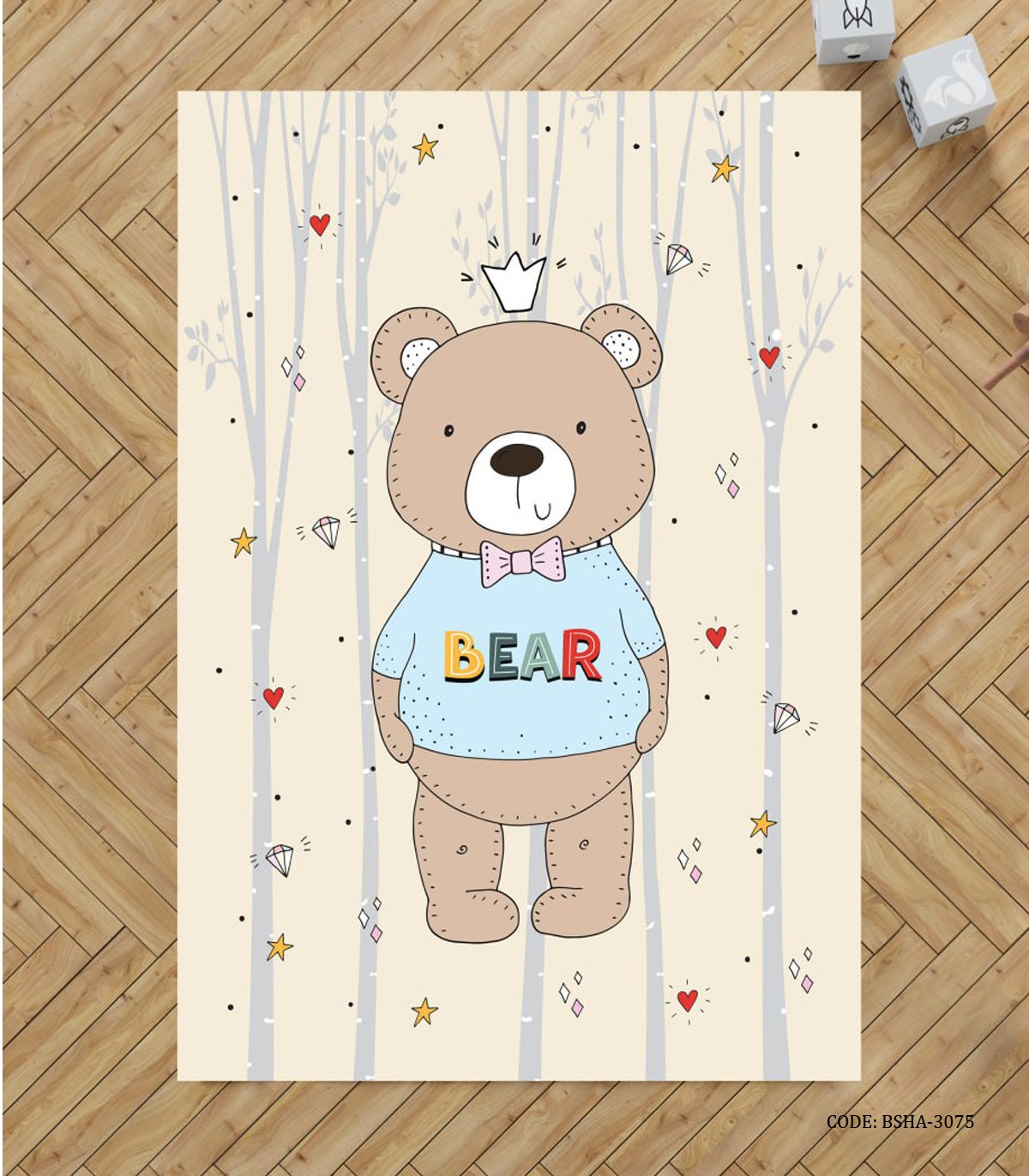 فرش اتاق پسرانه طرح خرس مدل The king of the toys land