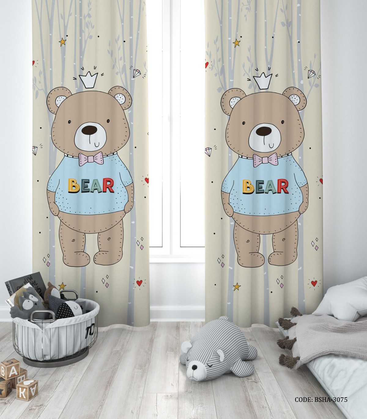پرده پانچی دو تکه اتاق پسرانه طرح خرس مدل The king of the toys land