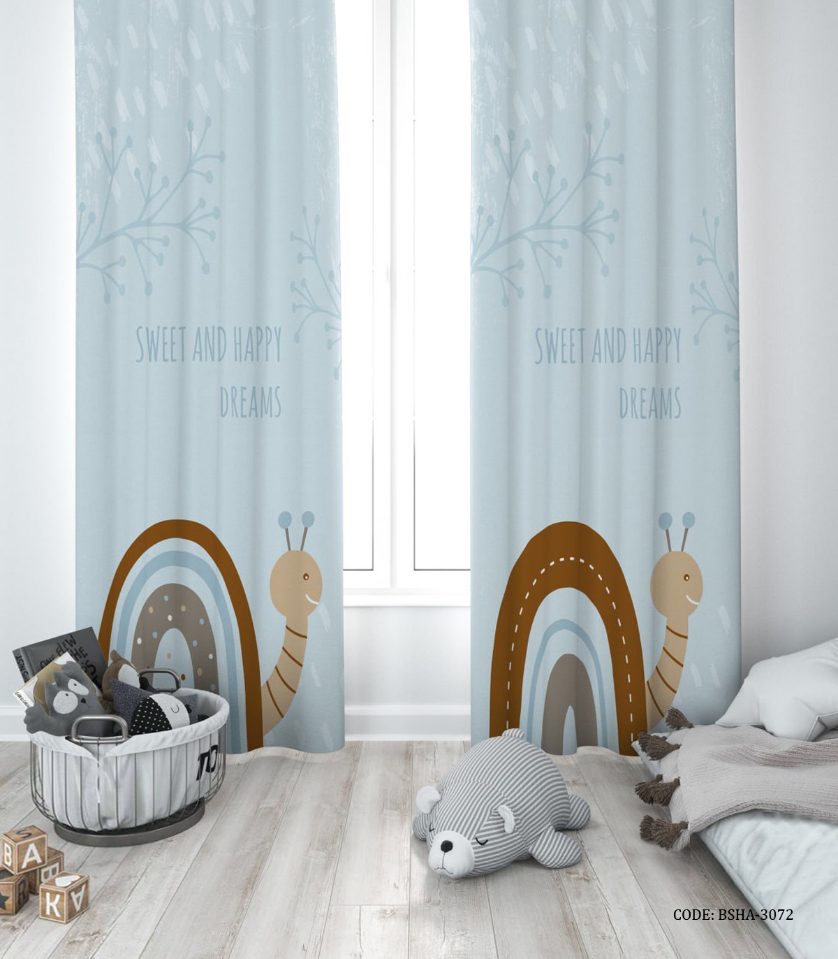 پرده پانچی آبی دو تکه اتاق پسرانه طرح حلزون مدل Snail