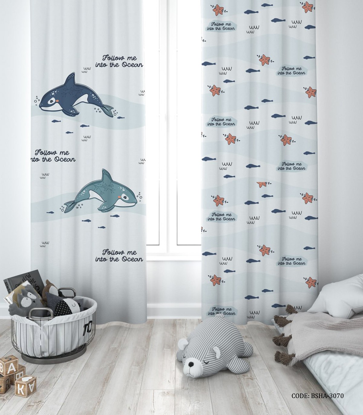 پرده پانچی دو تکه اتاق پسرانه طرح دلفین مدل In the Ocean