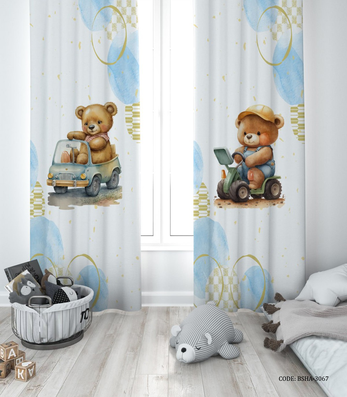 پرده پانچی دو تکه اتاق پسرانه طرح خرس موتور سوار مدل  Bear Driver