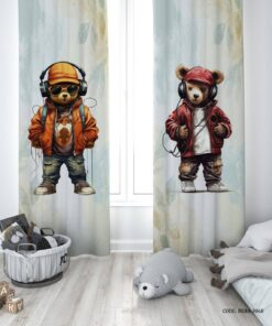 پرده پانچی دو تکه اتاق پسرانه طرح خرس تدی هدفون دار مدل listen to Music