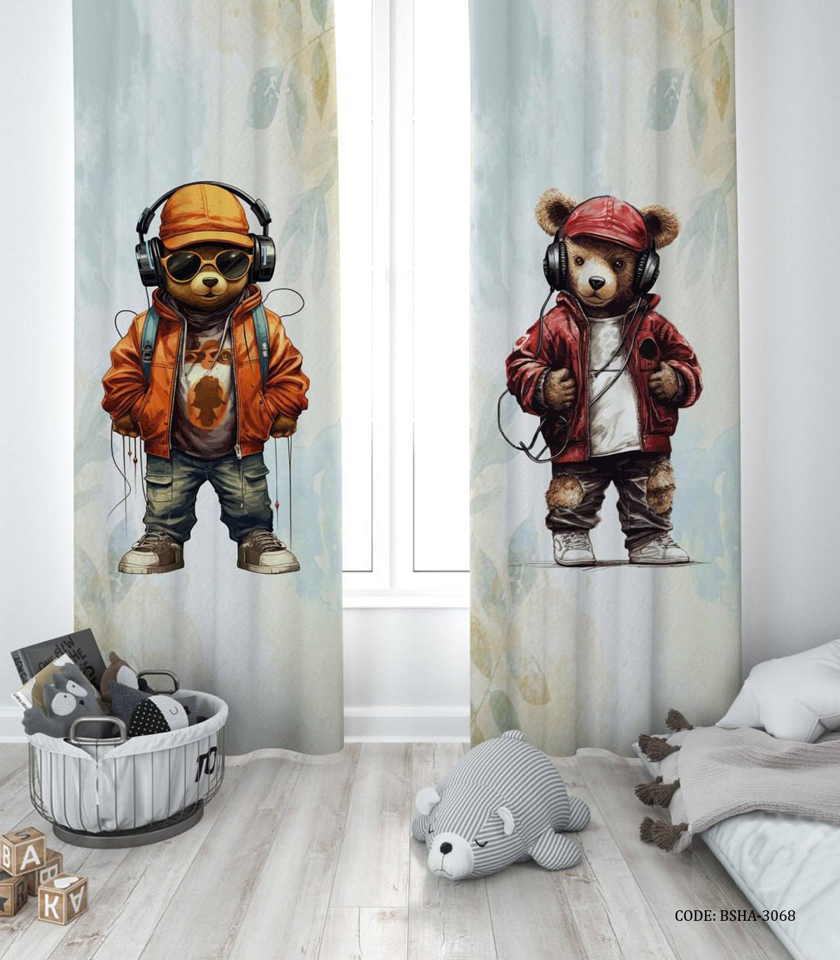پرده پانچی دو تکه اتاق پسرانه طرح خرس تدی هدفون دار مدل listen to Music