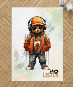 فرش اتاق پسرانه طرح خرس تدی هدفون دار مدل listen to Music