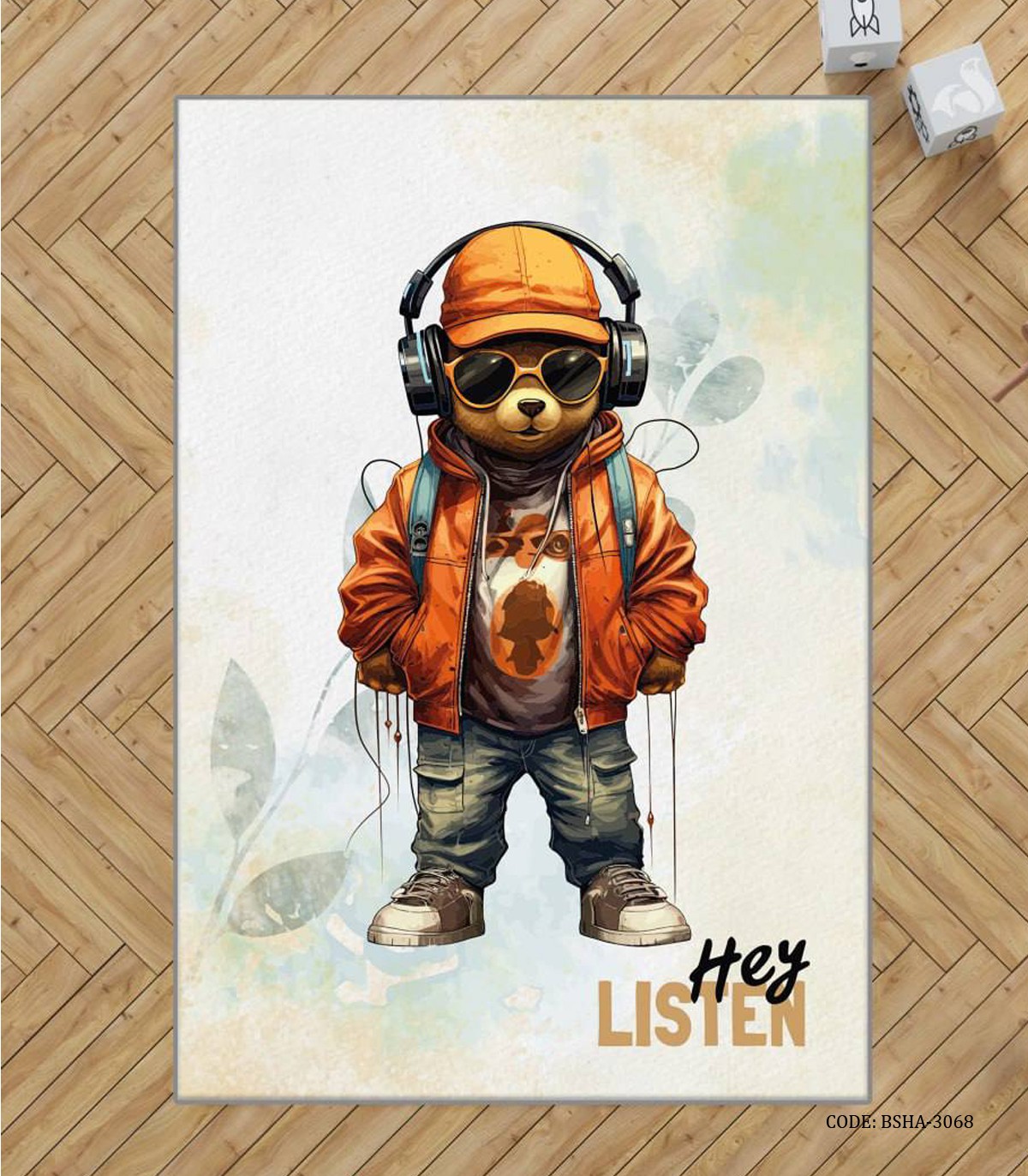 فرش اتاق پسرانه طرح خرس تدی هدفون دار مدل listen to Music