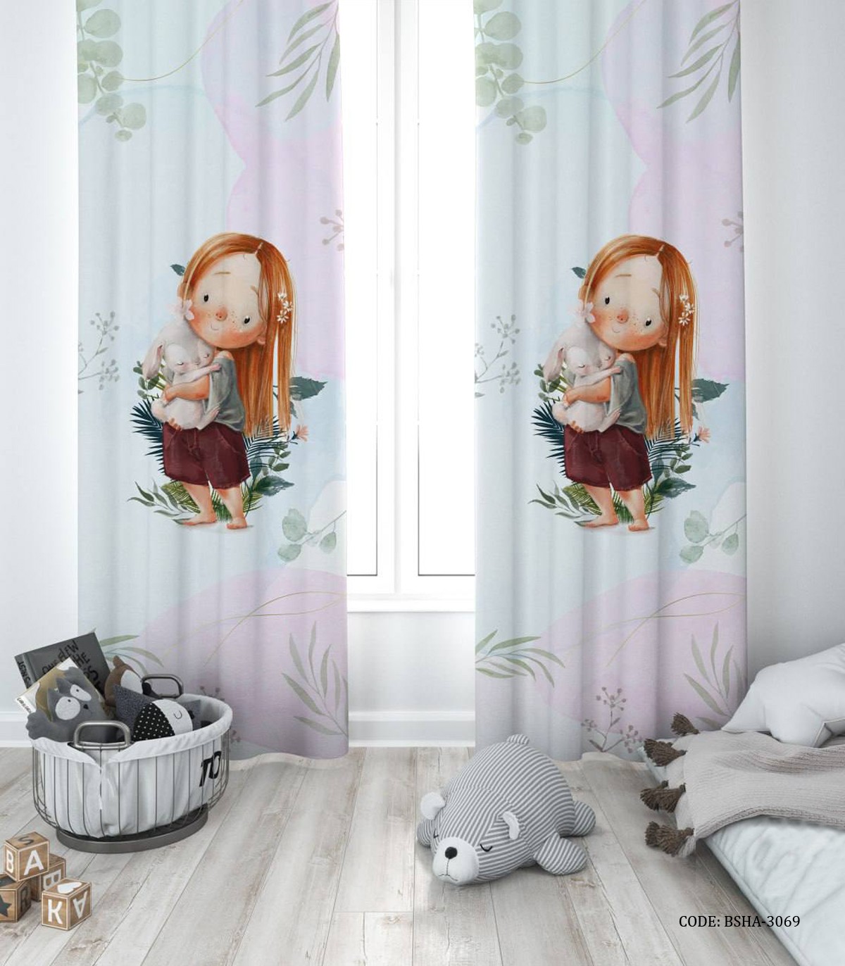 پرده پانچی دو تکه اتاق دخترانه طرح دختر خرگوش به دست مدل My Doll