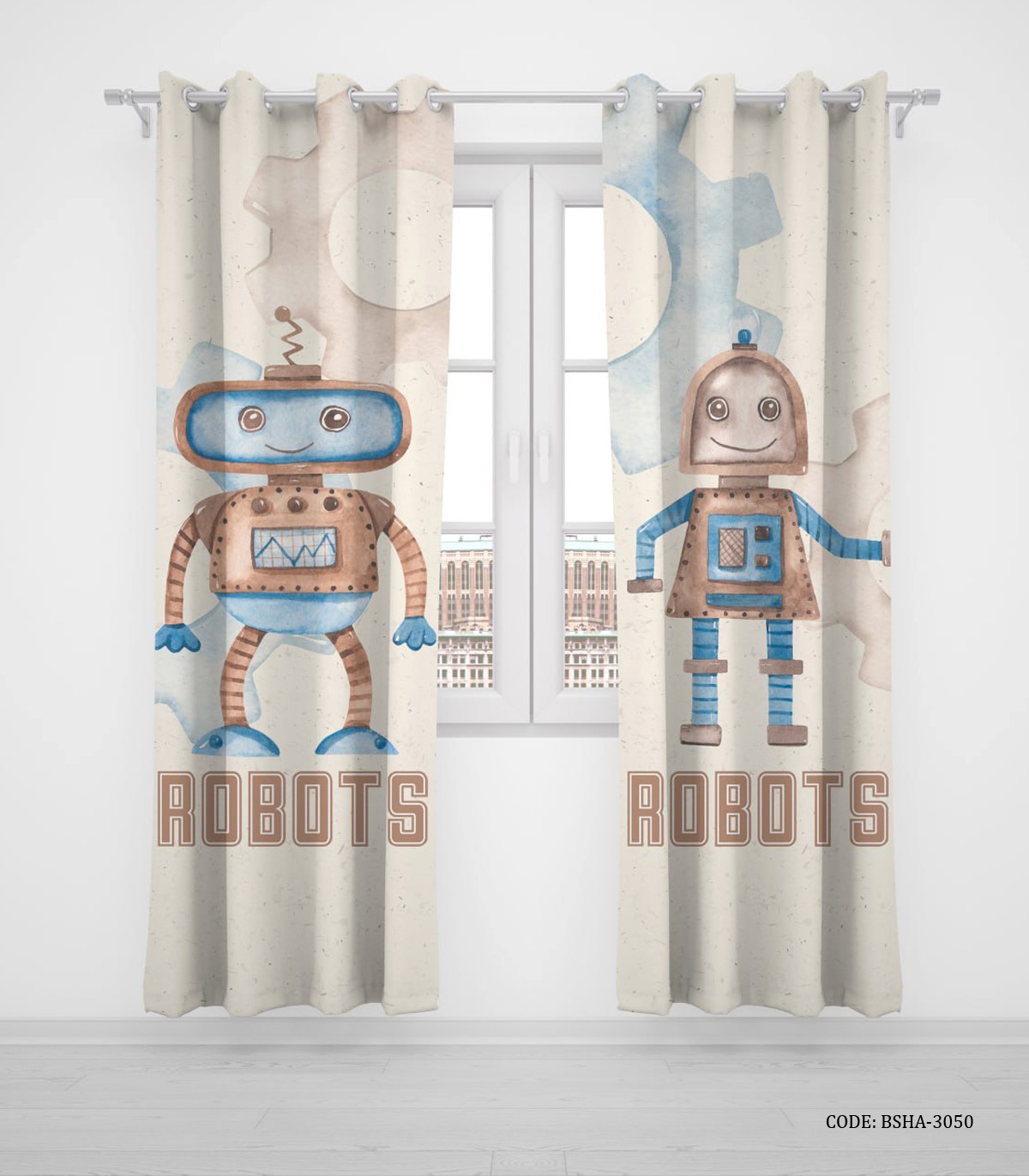 پرده پانچی دو تکه اتاق پسرانه طرح ربات مدل ROBATS