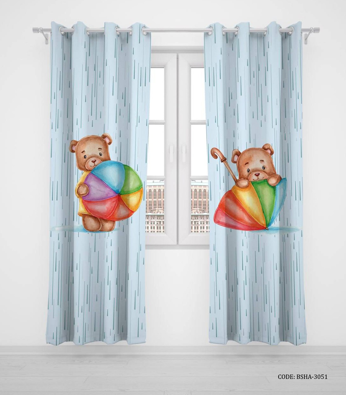پرده پانچی دو تکه اتاق پسرانه طرح خرس و چتر مدل It"s Rainy