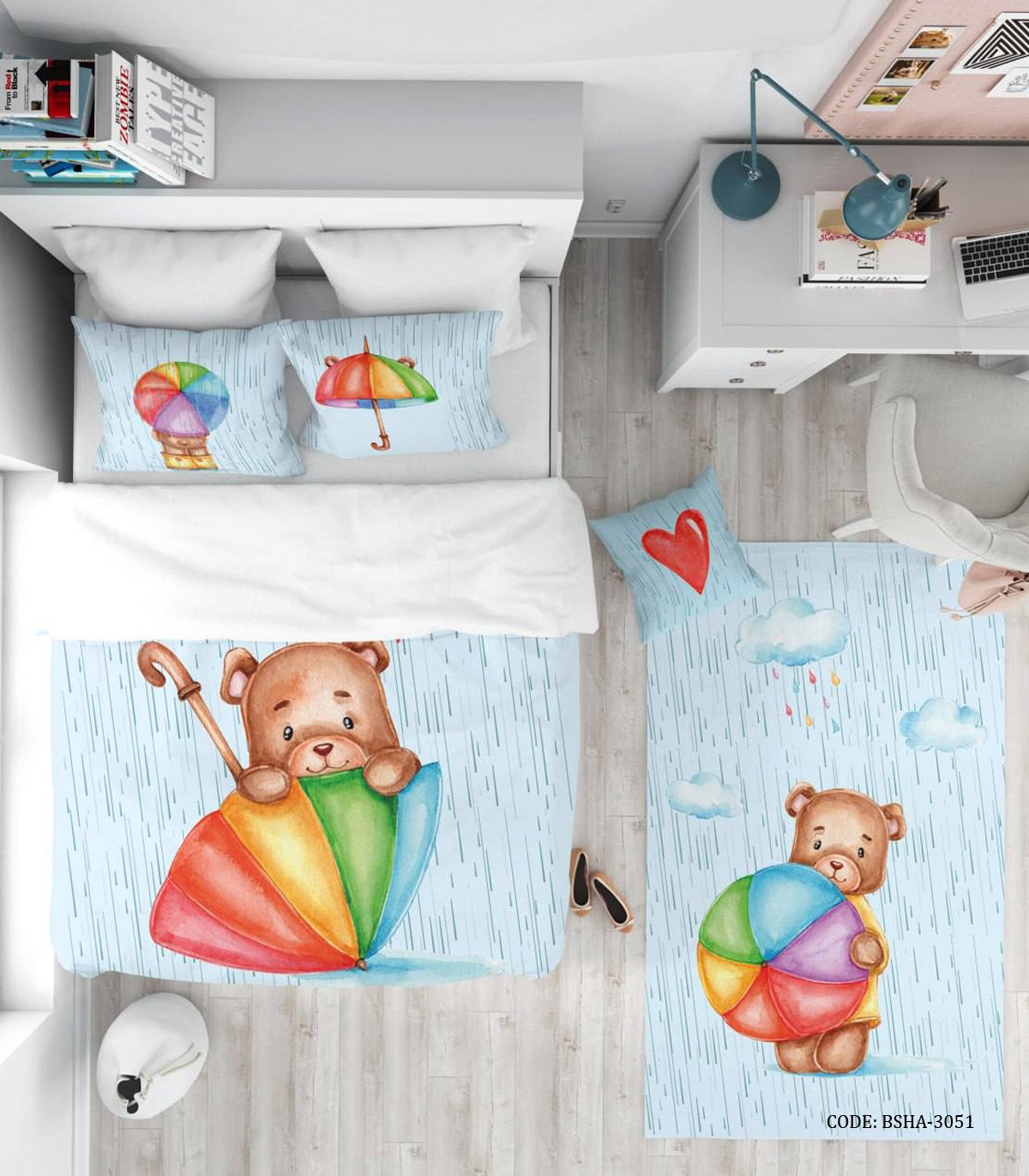 روتختی کودک پسرانه طرح خرس و چتر مدل It"s Rainy