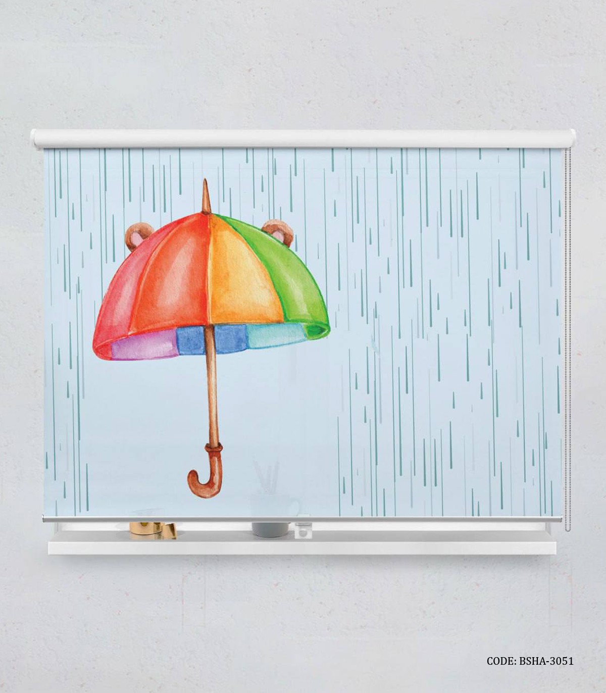 پرده شید اتاق پسرانه طرح خرس و چتر مدل It"s Rainy