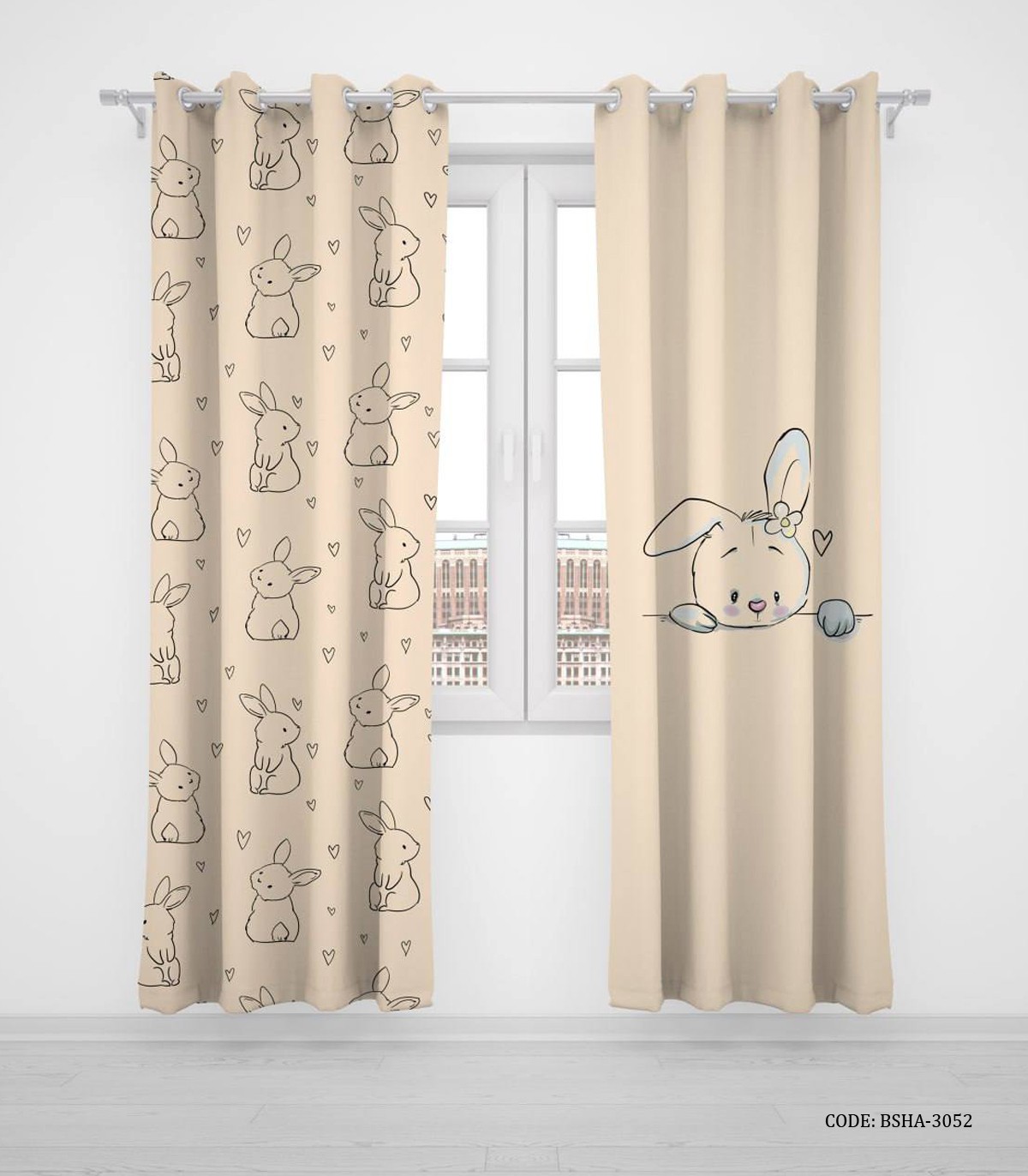 پرده پانچی دو تکه اتاق دخترانه طرح خرگوش مدل I am Cute