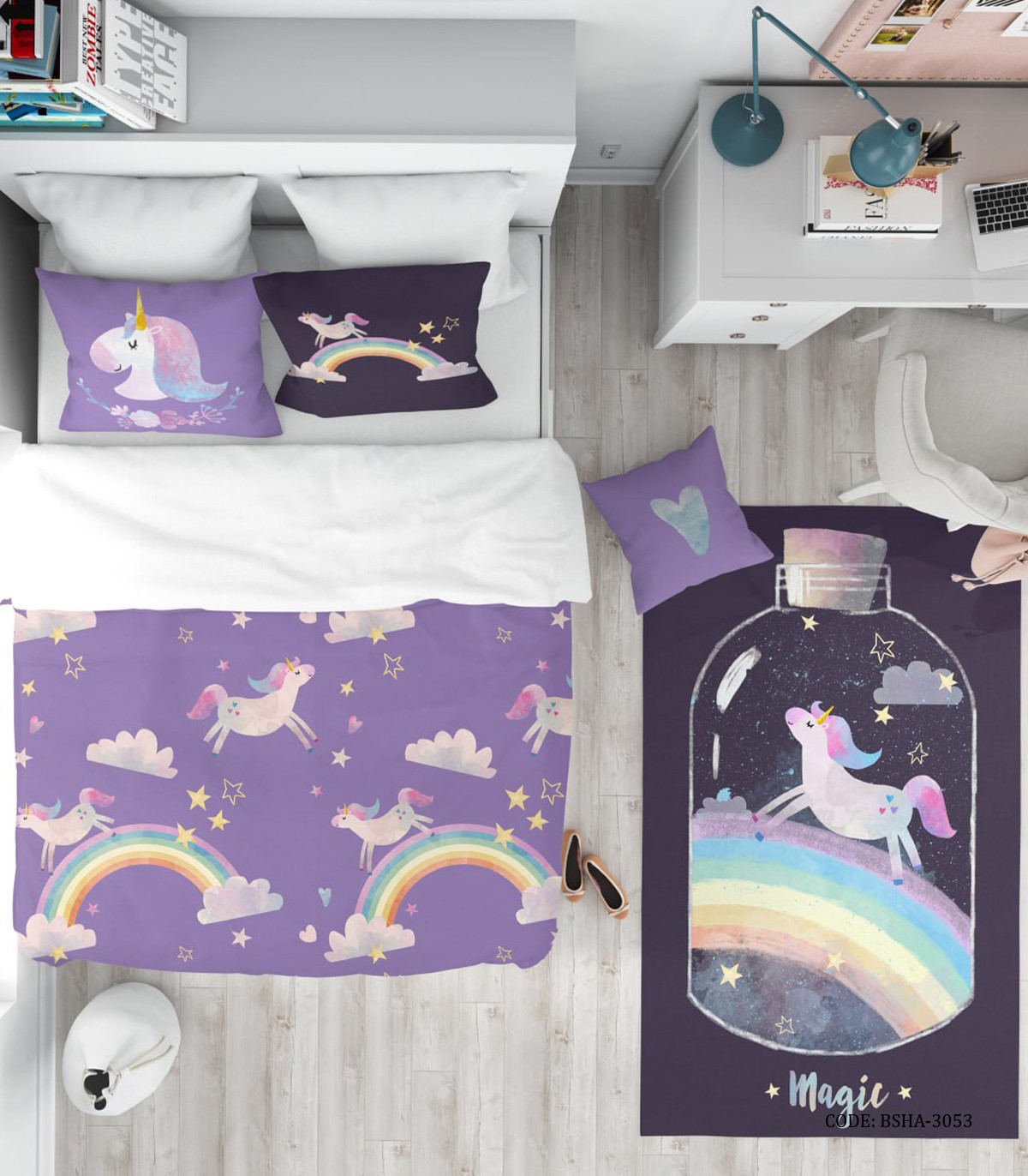 روتختی بنفش کودک دخترانه طرح رنگین کمان و اسب تک شاخ مدل Magic